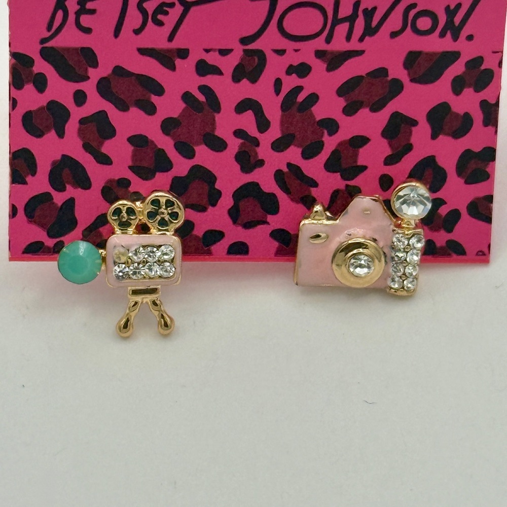 Betsey Johnson Pink and Gold Camera and Film Earrings